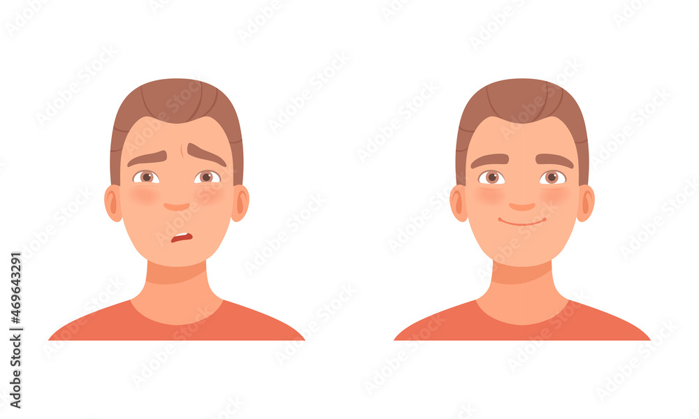 Poster man head with smile and gasp as facial expression vector set