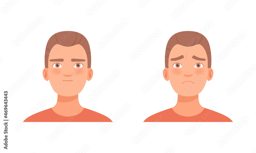 Poster man head with sad and neutral facial expression vector set