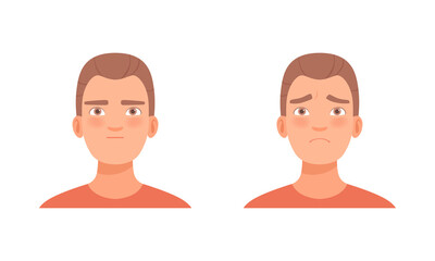 Man Head with Sad and Neutral Facial Expression Vector Set