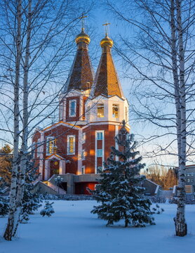 Winter morning in Siberia. Orthodox church in the city of Seversk. Russia.