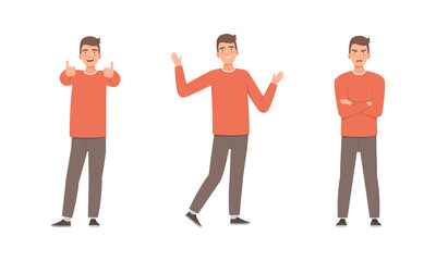 Fototapeta premium Young Man Expressing Different Emotion Waving Hand and Folding Arms in Anger Vector Set