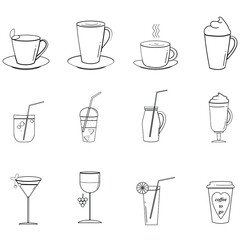 A set of vector web icons with drinks of tea, coffee, cocktail, lemonade, alcohol juice. Icons for the web. Contour correctable symbols for the application, online purchase site