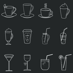 A set of vector web icons with drinks of tea, coffee, cocktail, lemonade, alcohol juice. Icons for the web. Contour adjustable symbols for the shopping menu, cafe, restaurant.