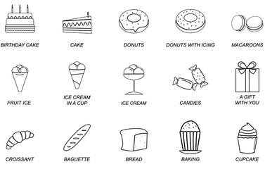A set of contour web icons for pastry shops, cafes  bakeries, restaurants of the mobile application. Various isolated icons of cakes, cupcakes, baguettes, cookies  pastries  sweets, ice cream for the 