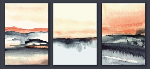 Set of posters with abstract watercolor landscapes in coral and grey colors. Sky and valley, sea, water, fields.