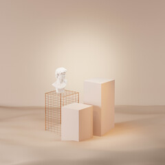Abstract platform podium on sand dunes background. Stone pedestal premium podium . Peach Fuzz is color trend of the Year 2024 for products promotion, cosmetics presentation. 3d render