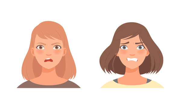 Woman Head with Short Hairstyle with Scared and Angry Facial Expression Vector Set