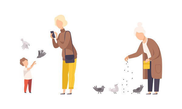People Character Feeding Birds with Seeds and Taking Photo Walking in the Park Vector Set