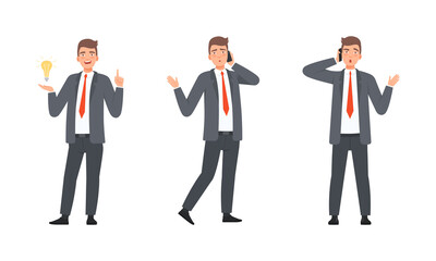 Businessman or Office Employee Wearing Suit and Red Tie Speaking by Phone and with Light Bulb Vector Set