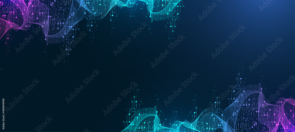 Poster Modern technology circuit board texture background design. Waves flow. Quantum explosion technology. Quantum computer technologies concept. Futuristic blue circuit board background vector motherboard