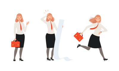 Fototapeta premium Woman Office Employee Character Wearing Suit and Red Tie Running and Standing with Briefcase Vector Set