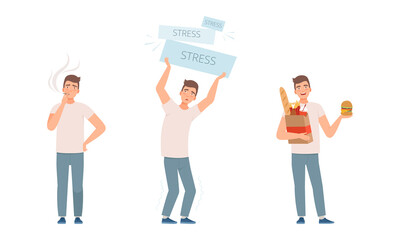 Young Man Having Bad Habits Smoking Cigarette and Eating Fast Food Vector Set