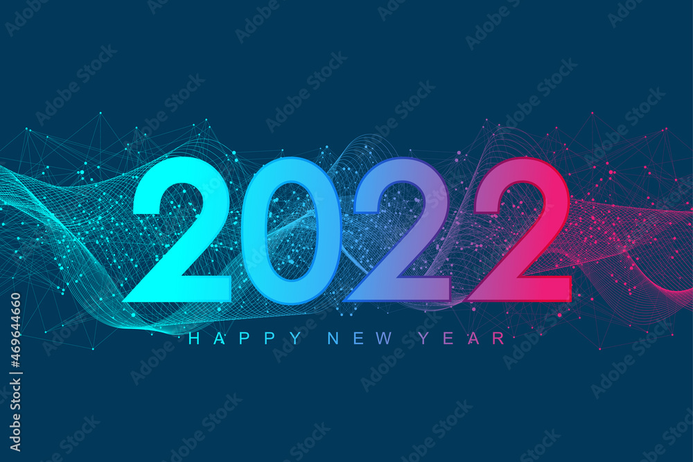 Poster Modern futuristic technology template for Merry Christmas and Happy New Year 2022 with connected lines and dots. Plexus geometric effect. Vector illustration.