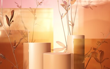 Empty glass exhibition stand, platform, showcase for products. Podium, platform for cosmetics, advertising, business - 3D, render. Autumn natural background with branches, flowers and leaves. 