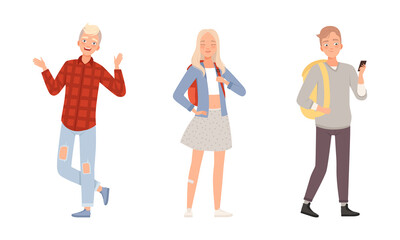 Obraz premium Teenager Boy and Girl Dressed in Casual Wear Standing with Backpack and Smartphone Vector Set
