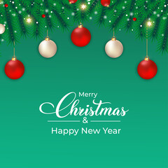 Christmas social media banner with pine leaves. Banner with leaves, white balls, red balls. Christmas card on a dark background. Christmas social media post with decorative elements