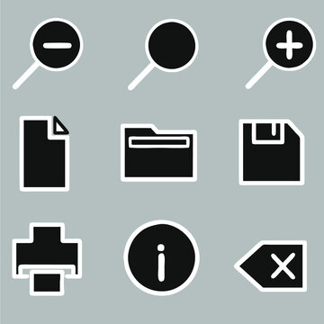 Symbol Of The Office Software Elements. Contains Zoom Out, Zoom In, Document, Save As, Printer, Information, And Close.