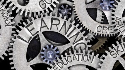 Group of rotating tooth wheels with Learning, Education, Skill and Knowledge sign imprinted on metal surface. High quality 4k video.
