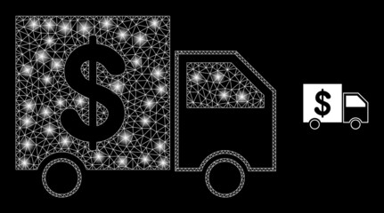 Obraz premium Glossy polygonal mesh net banking delivery icon with glitter effect on a black background. Carcass banking delivery iconic vector with glowing dots in magic colors.