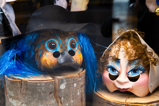 Basel, Switzerland - February 21. Close-up of two carnival masks