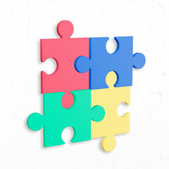 Colorful puzzle composition on white background. 3D render illustration. Clipping path of each element included.