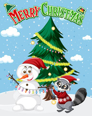 Merry Christmas poster with Snowman and Christmas tree