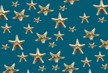 Background, banner and wallpaper for design. Starfish on a blue background. 3d. Pattern