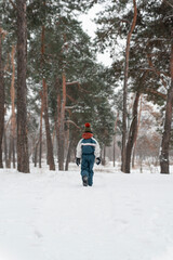 Boy in winter jumpsuit walks in woods in snow. Back view. Winter holidays in spruce forest. Vertical frame