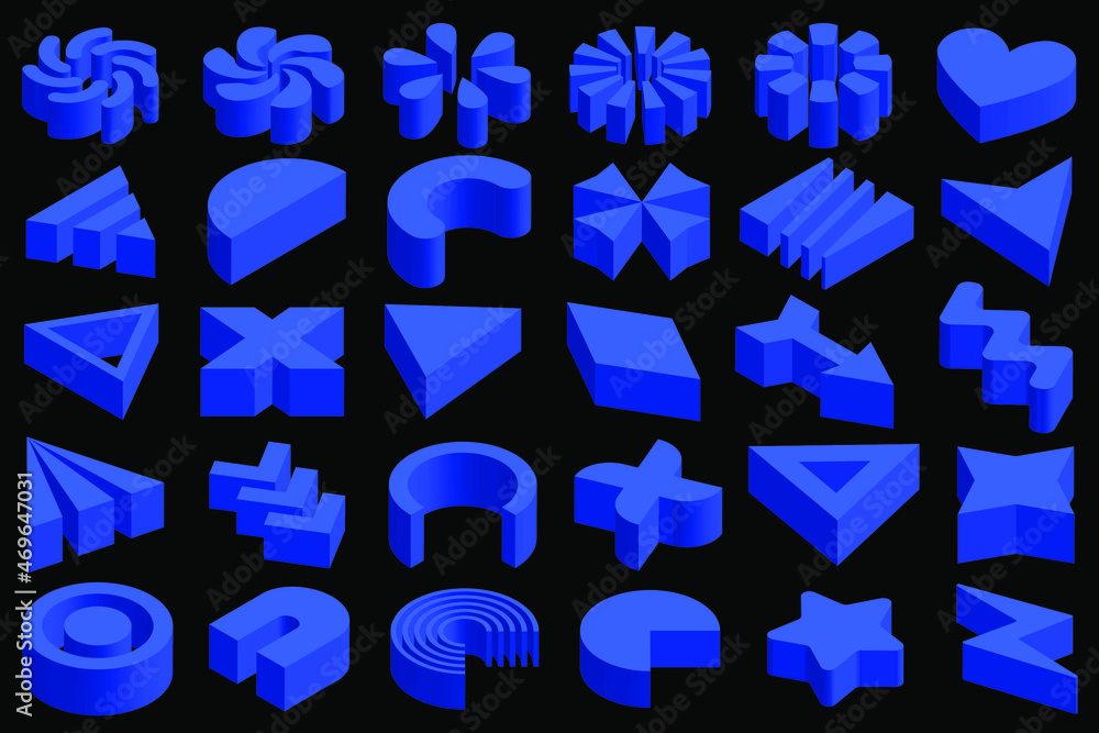 Poster isometric memphis collection. set of simple geometric design elements. 3d rendering, blue memphis sh