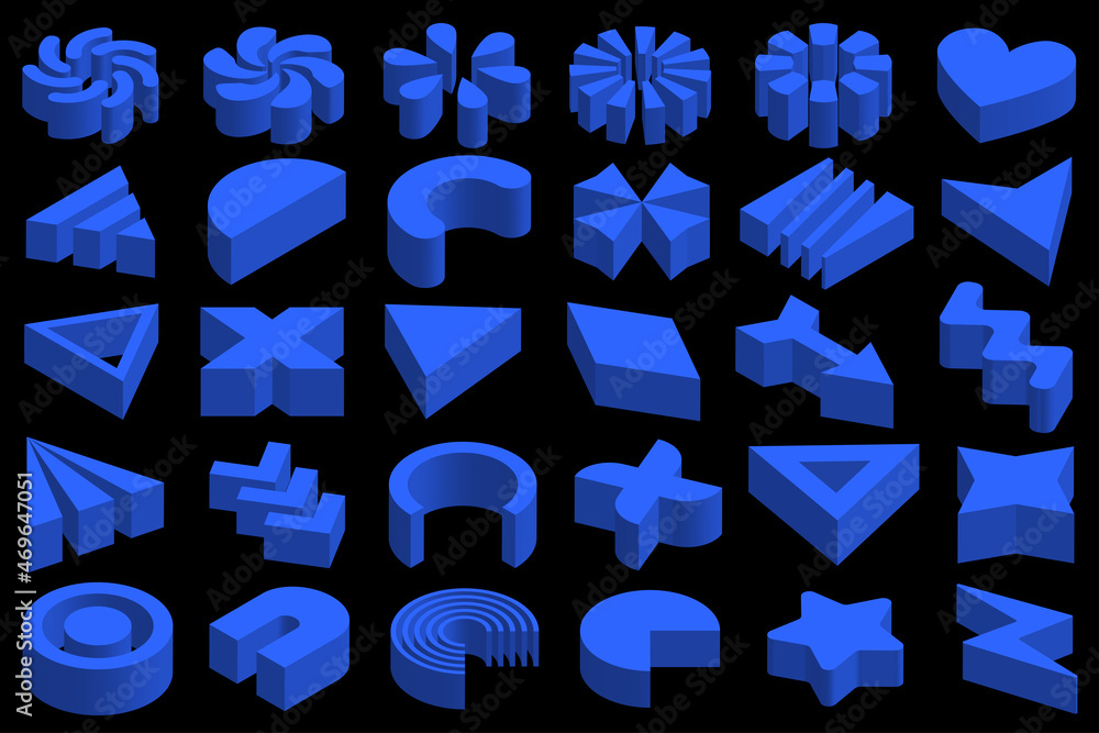 Poster isometric memphis collection. set of simple geometric design elements. 3d rendering, blue memphis sh