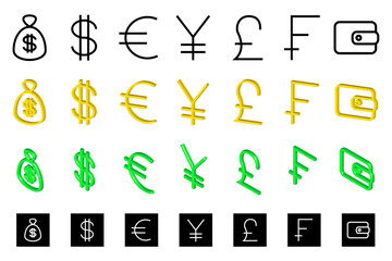 Set of money symbols. Group of isometric, 3D rendering and flat design elements, currency icons in black, white, green and yellow colors.