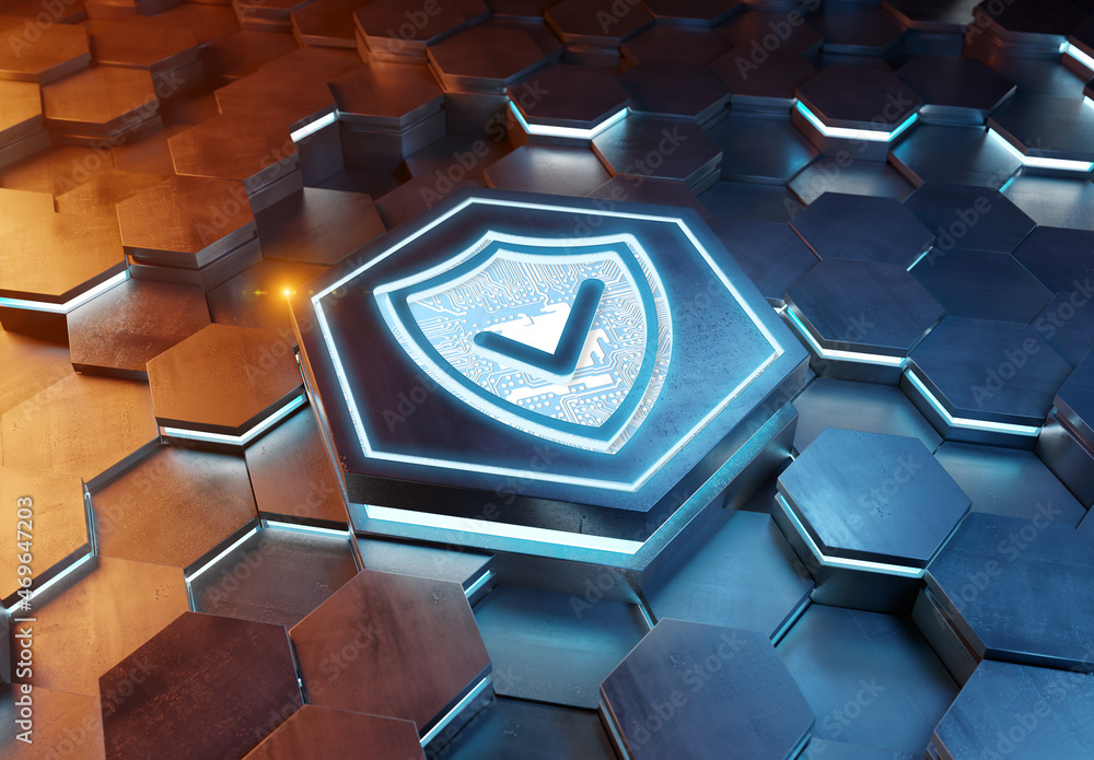 Leinwandbilder shield icon concept engraved on metal hexagonal pedestral background. security logo glowing on abstr