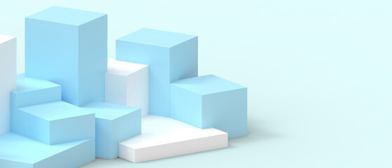 Creative idea Success. Podium showcase and Geometric shapes stage with a Business concept on Blue. Minimal style, copy space, digital, banner, website -3d Rendering