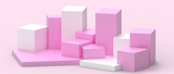 Creative idea Success. Podium showcase and Geometric shapes stage for Success and Competitions on Pink-White. copy space, digital, banner, website -3d Rendering