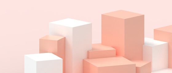 Fototapeta premium Creative idea Success. Podium showcase and futuristic Geometric shapes stage on Orange-White. copy space, digital, banner, website -3d Rendering