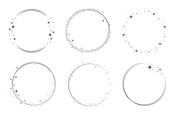Sparkle star circle frame set. Wreath ring stardust border for party, birthday decor design. Laurel frame with, cosmic glitter shine. Isolated black flat vector illustration.