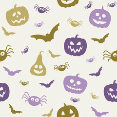 Obraz premium Background with creepy pumpkins, bats and spiders. Halloween texture. Vector