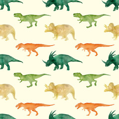 Colorful seamless pattern with dinosaurs. Backgrounds and wallpapers for invitations, cards, fabrics, packaging, textiles, posters. Watercolor illustration.
