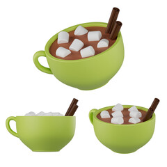 3d coffee cup with marshmallow and cinnamon isolated