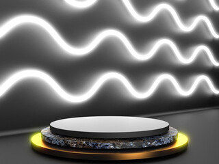 Black stand podium on dark background. Realistic dark platform