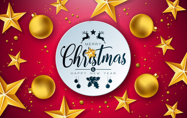 Fototapeta na wymiar Merry Christmas and Happy New Year Illustration with Gold Glass Ball, Star and Typography Elements on Red Background. Vector Holiday Design for Flyer, Greeting Card, Banner, Celebration Poster or
