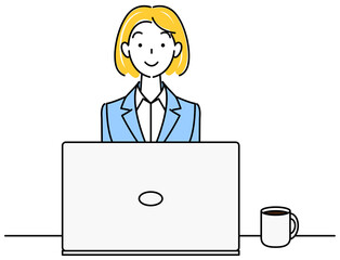 笑顔でパソコンの前に座っているスーツ姿の可愛い女性 イラスト ベクター