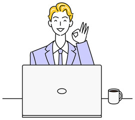 パソコンの前に座りOKポーズをしているスーツ姿の可愛い男性 イラスト ベクター