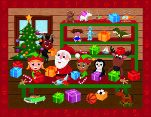 Cute cartoon style illustration of Santa's Workshop with Krampus stealing gifts