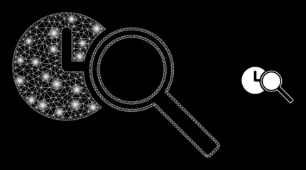 Glossy polygonal mesh web find time icon with glare effect on a black background. Carcass find time iconic vector with glowing points in vibrant colors.