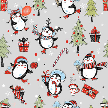 Seamless New Year and Christmas pattern with cute penguins with gifts. Vector