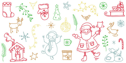 Christmas doodle set Santa Claus, snowman, gifts. Vector illustration