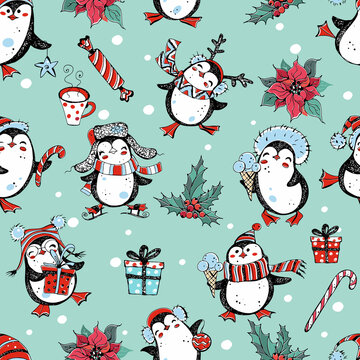 Seamless New Year and Christmas pattern with cute penguins with gifts and poinsettia flowers. Vector