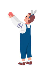 Boy holds Christmas decoration semi flat color vector character. Posing figure. Full body person on white. Winter isolated modern cartoon style illustration for graphic design and animation