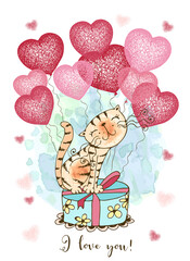 A Valentine's day card. Cute cat with balloons in the form of hearts and a gift. Vector